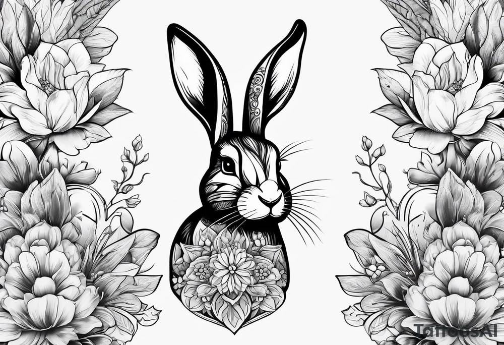 Rabbit head and flowers tattoo idea