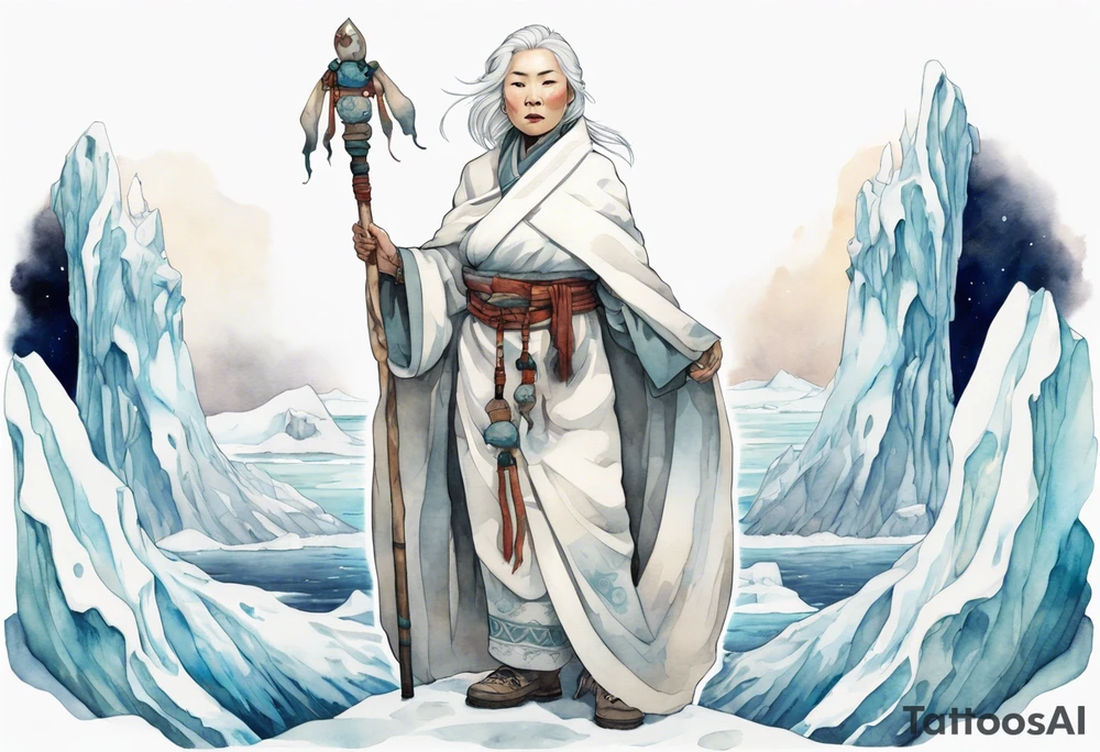 a 40 year old Inuit woman with white hair and a white robe holding a white staff, standing on an iceberg tattoo idea