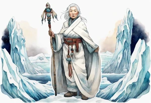 a 40 year old Inuit woman with white hair and a white robe holding a white staff, standing on an iceberg tattoo idea