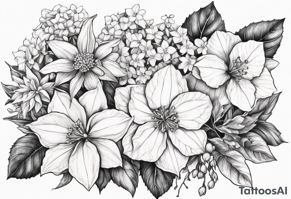 Hydrangea, Narcissus, Poinsettia, Holly, Gladiolus, Poppy, Daisy, Sweet Pea floral bouquet tattoo idea