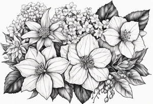 Hydrangea, Narcissus, Poinsettia, Holly, Gladiolus, Poppy, Daisy, Sweet Pea floral bouquet tattoo idea