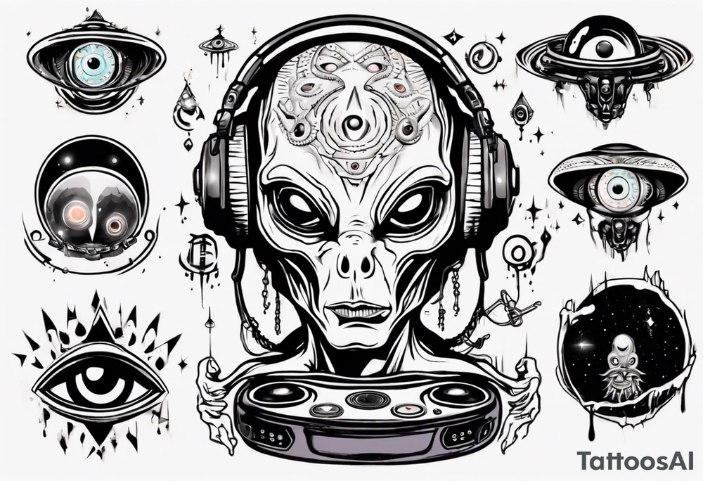 An alien DJ with a glowing third eye tattoo idea