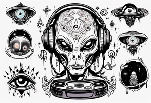 An alien DJ with a glowing third eye tattoo idea