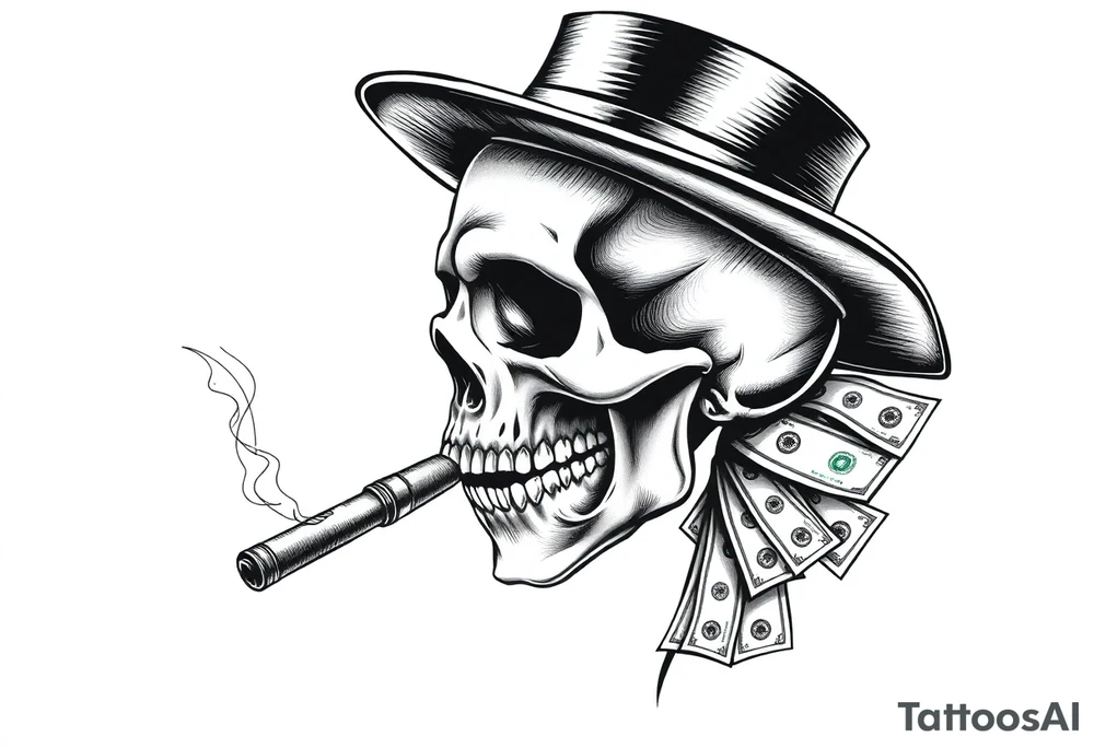skull with mustache,a big cigar in his mouth,a top-hat on his head and alot of money in a hand. tattoo idea