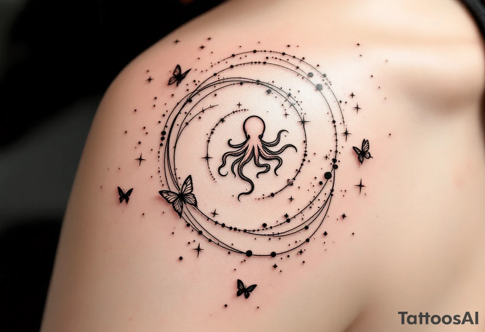 A minimalist dotwork tattoo design in the shape of a spiral galaxy. In the center, a small octopus is subtly integrated into the swirl, with flowing tentacles that extend along the spiral arms. The tentacles transform into elegant, curving lines resembling the flowing tails of koi or betta fish, partially in black ink and partially in fine red lines. Small stars are scattered throughout the galaxy shape, and two delicate butterflies hover near the edges. Style: cosmic abstraction, dotwork, fine line, with elements of Japanese graphic tattoo flow, minimalist, octopus psychedelic dotwork sacred geometry sleeve tattoo idea