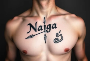 chest with naga lettering and arrow and snake tattoo idea