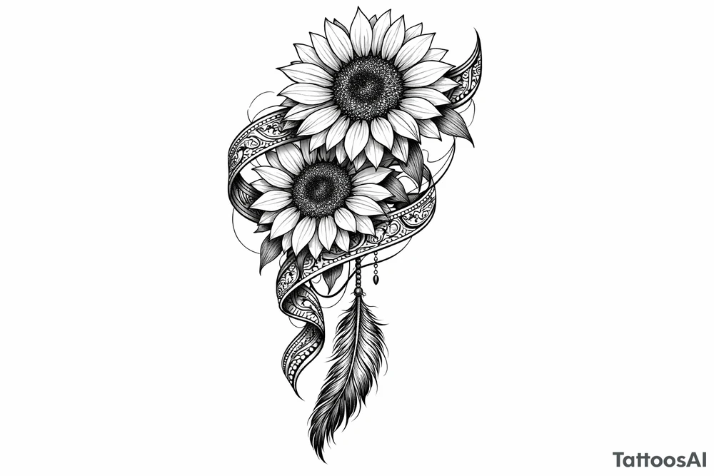 2 cascading sunflowers wrapped in Indian ribbon with a feather tattoo idea