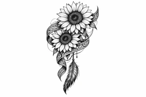 2 cascading sunflowers wrapped in Indian ribbon with a feather tattoo idea
