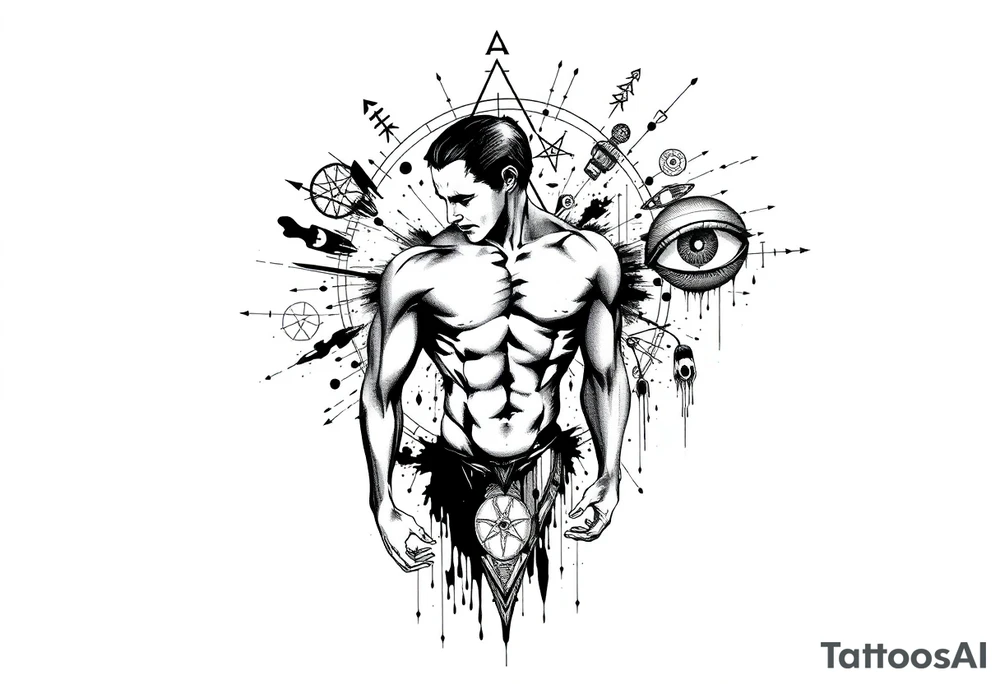Black and white forearm tattoo design, dark surreal and symbolic, high contrast, clean linework with fine etching-style shading. Central muscular human figure in a dramatic dynamic pose, partially fragmented or dissolving into ink splashes and abstract shapes. Surrounded by sacred geometry, occult and alchemical symbols, thin composition lines, dripping surreal eyes, and subtle horror details. Balanced minimalism with strong visual impact, no background, designed to be extended into a full sleeve. tattoo idea