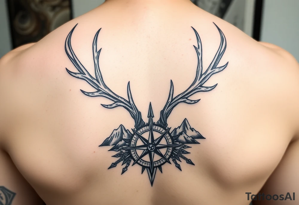 Spine tattoo of elk and deer antlers, a compass, and mountains tattoo idea