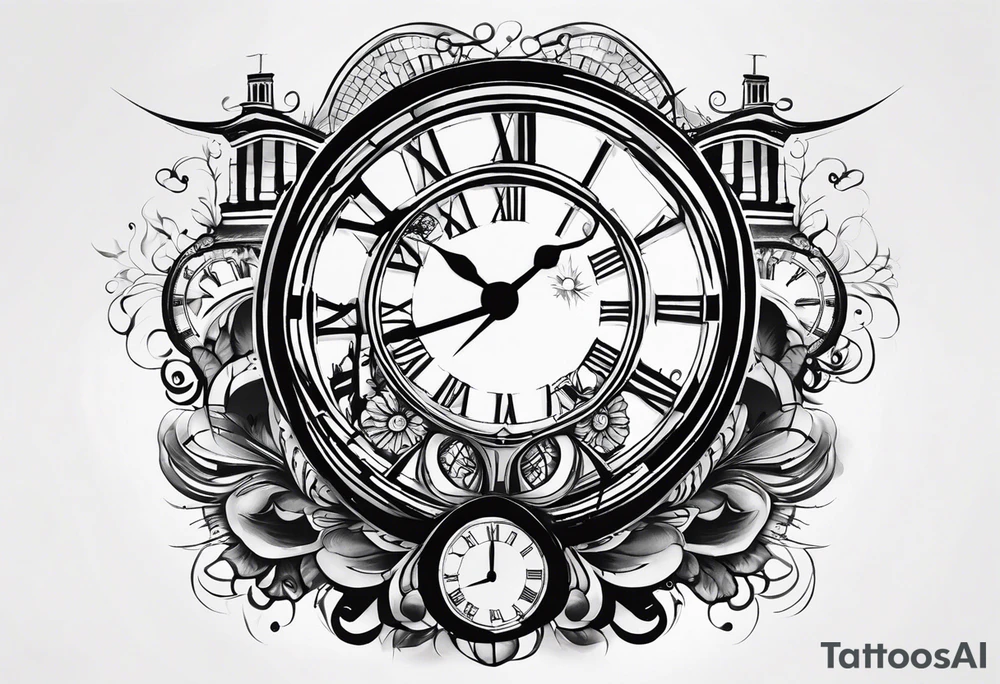Draw me a tattoo located on the shoulder and upper arm of a man. The tattoo represents a clock in an hourglass with Roman numerals in the background. It is a symbol of the passing of time. tattoo idea