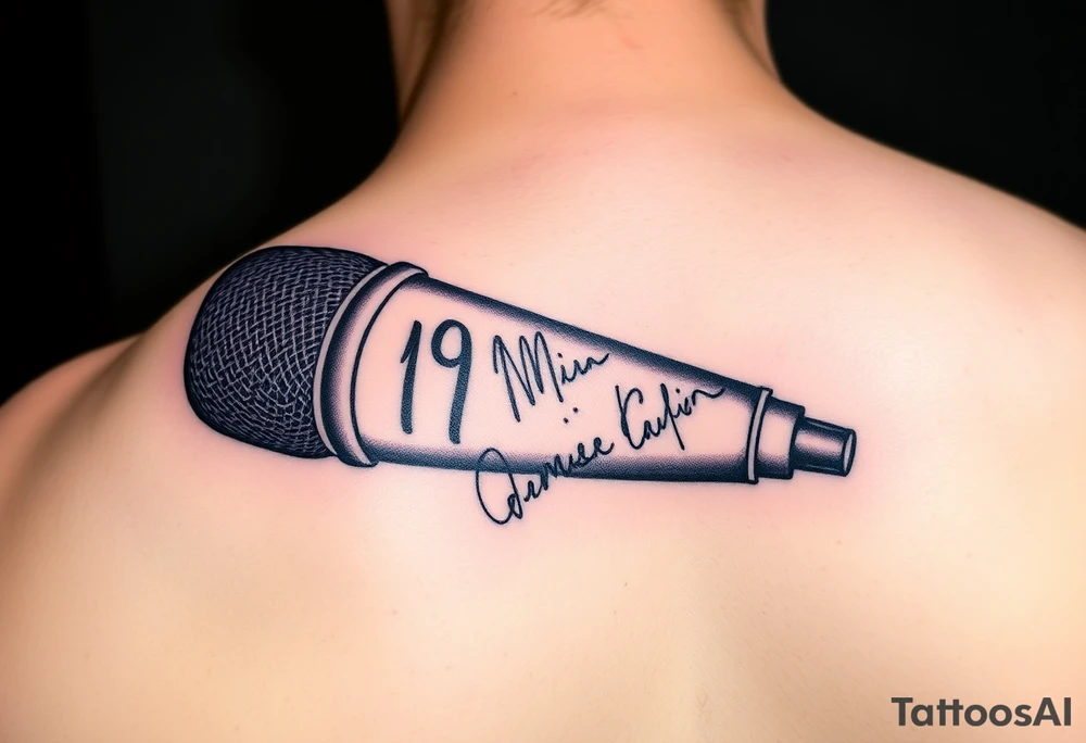 A wireless, black microphone with purple stitches holding it together. On the mouth part is the number 19. On the part where someone would hold the microphone is the autographs of Jared Padalecki, Misha Collins and Jensen Ackles tattoo idea