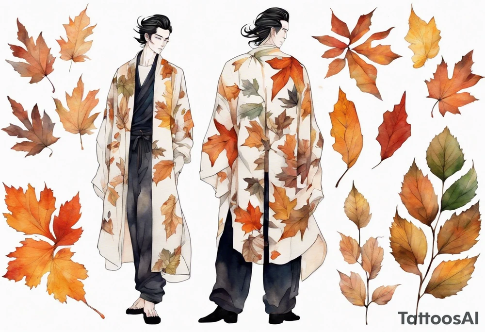 A tall, beautiful man with autumn leaves for hair, skin like birch bark, and a floral robe. tattoo idea