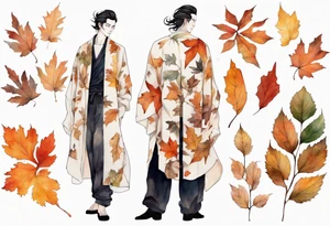 A tall, beautiful man with autumn leaves for hair, skin like birch bark, and a floral robe. tattoo idea