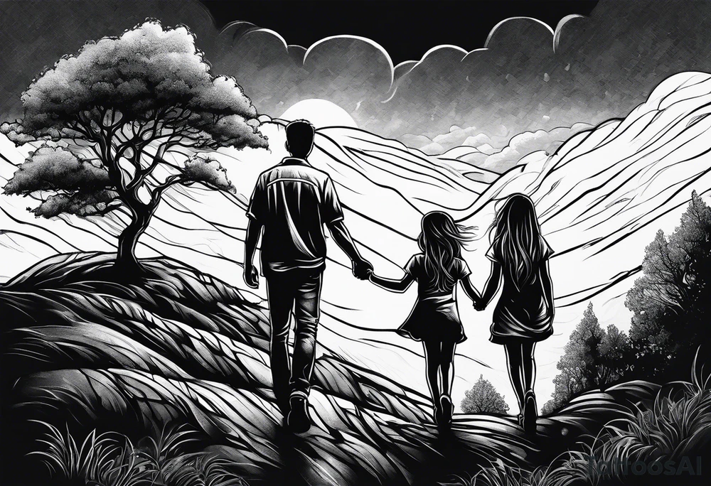 two sisters and bigger brother hugging together walking up hill through storm tattoo idea