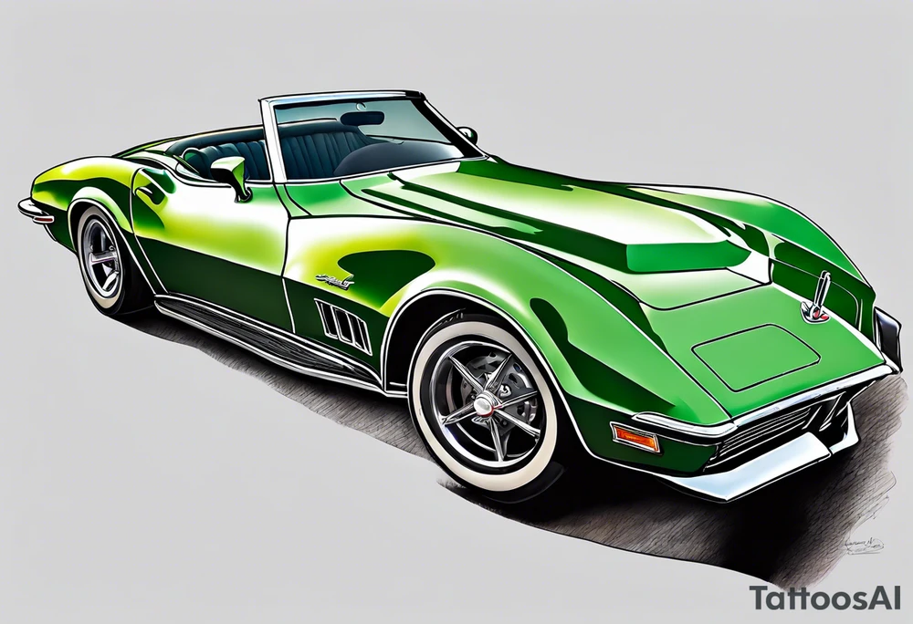 Skeleton smoking a cigarette driving a green 1976 convertible Corvette tattoo idea