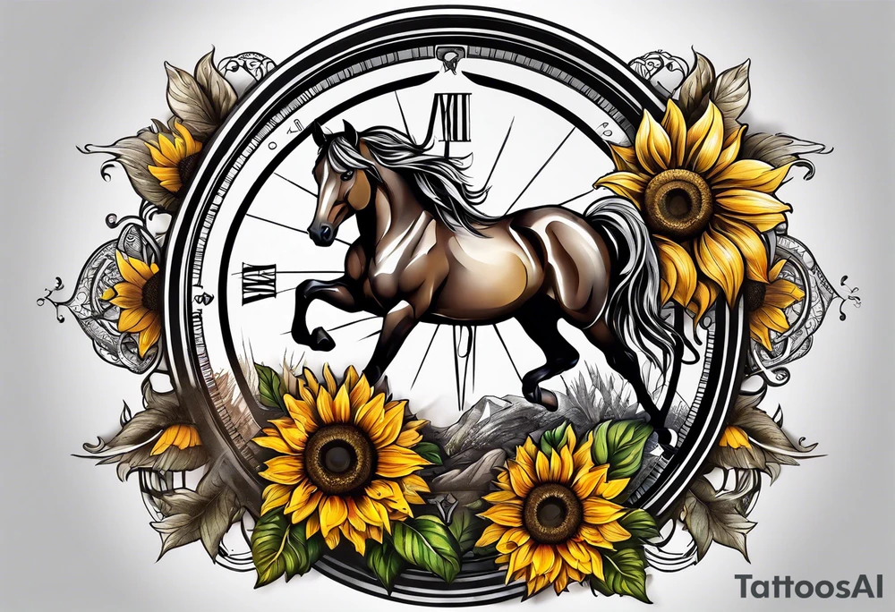 Horse, compass, sunflower tattoo idea