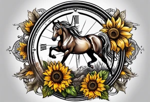 Horse, compass, sunflower tattoo idea