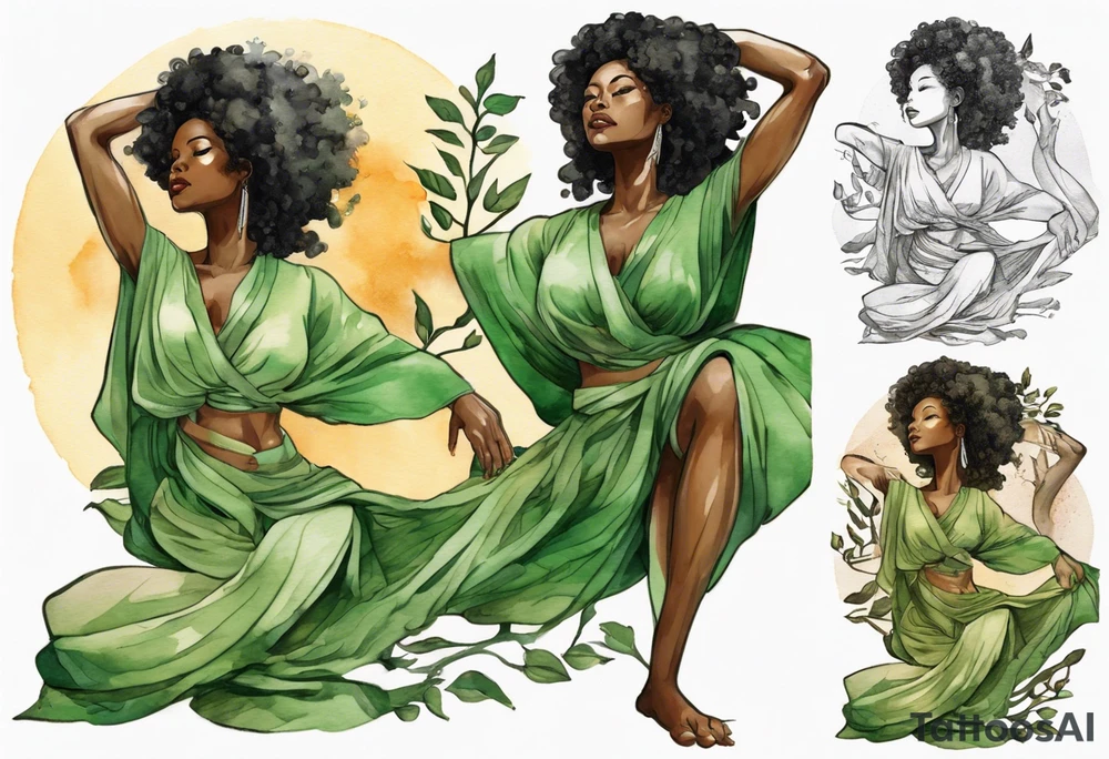 a tree trunk with roots that is a beautiful black woman from the waist up, arms reaching up to the sun, wearing a green tunic tattoo idea