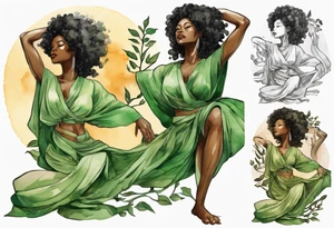 a tree trunk with roots that is a beautiful black woman from the waist up, arms reaching up to the sun, wearing a green tunic tattoo idea