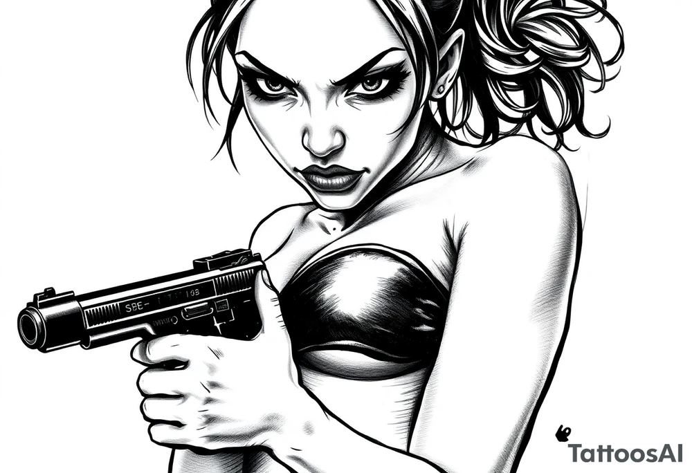 naked catgirl, slut, angry, leather, holding gun tattoo idea