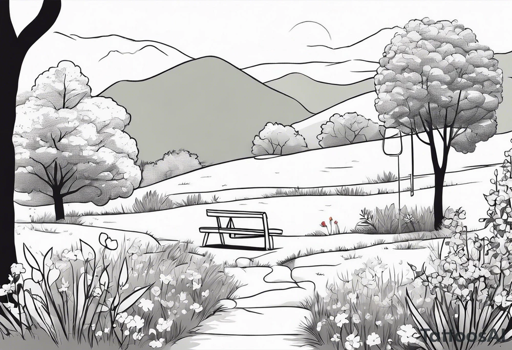 picnic scene in nature with florwers. bushes and trees. No food, no poeple. tattoo idea