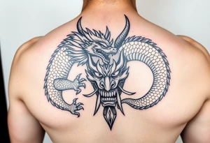 Divine dragon fighting
 a evil oni mask tattoo idea