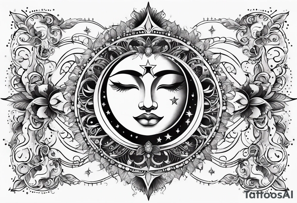 Feminine Sun and moon. long rectangular sternum swirls with dots and stars tattoo idea