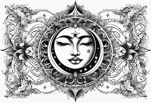 Feminine Sun and moon. long rectangular sternum swirls with dots and stars tattoo idea