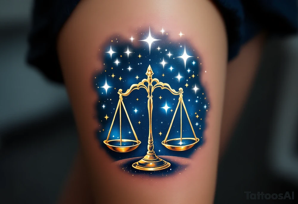The Libra stars constellation in white ink glows across a midnight-blue background, hovering above golden weighing scales. tattoo idea