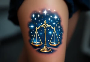 The Libra stars constellation in white ink glows across a midnight-blue background, hovering above golden weighing scales. tattoo idea