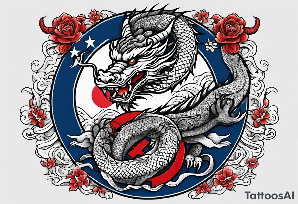 Asian dragon coiling around an anchor with the Korean flag in the background tattoo idea