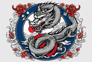 Asian dragon coiling around an anchor with the Korean flag in the background tattoo idea