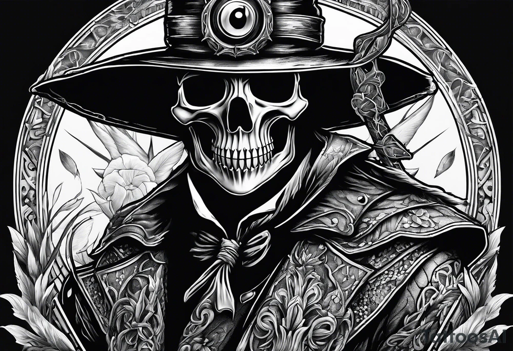 Skeleton holding plague doctor tattoo idea