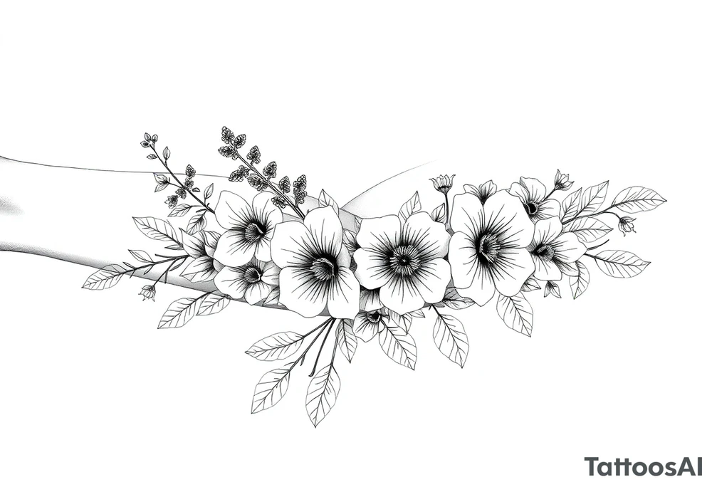 Full sleeve tattoo design of larkspur and hawthorn flowers, highly detailed line art, black ink, elegant botanical style, intertwined composition, no shading, no human mock-up, clean stencil style suitable for tattooing, fit fully within boundaries. LINE ART ONLY, REMOVE HUMAN, NO SKIN tattoo idea