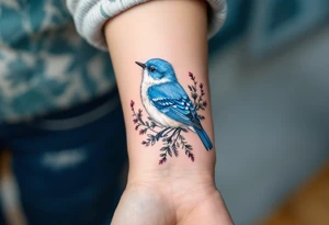 Puffy bluebird surrounded by wild flowers tattoo idea