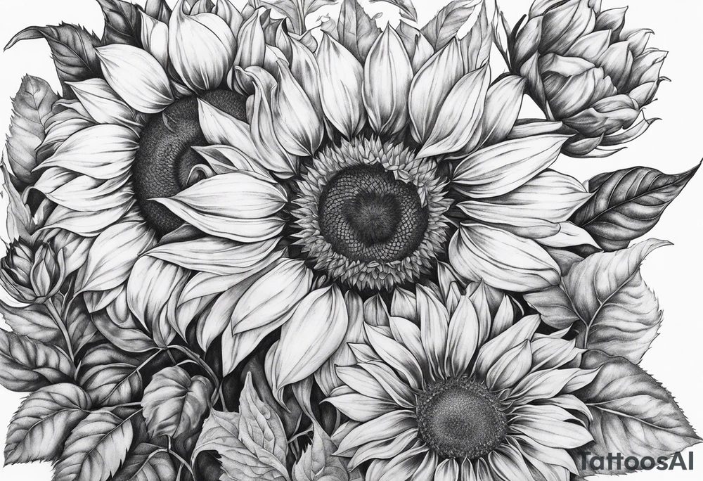 Araceli in cursive four sunflowers and shading all around tattoo idea Araceli in cursive four sunflowers and shading all around tattoo idea