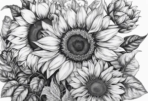 Araceli in cursive four sunflowers and shading all around tattoo idea
