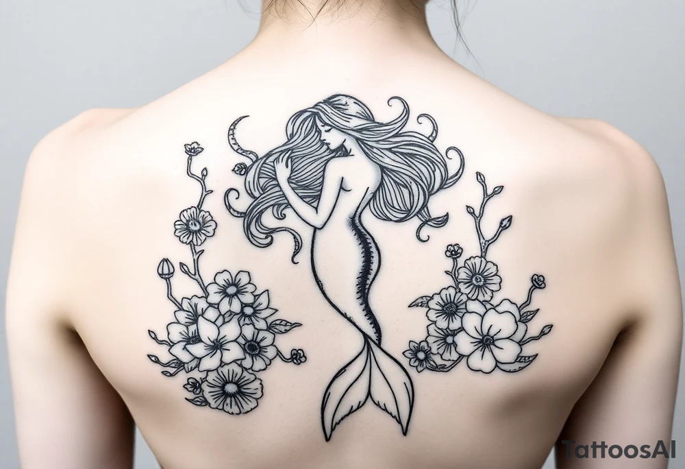 ethereal mermaid with flowing hair among coral and sea flowers and snakes around tattoo idea