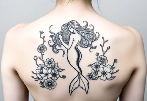 ethereal mermaid with flowing hair among coral and sea flowers and snakes around tattoo idea