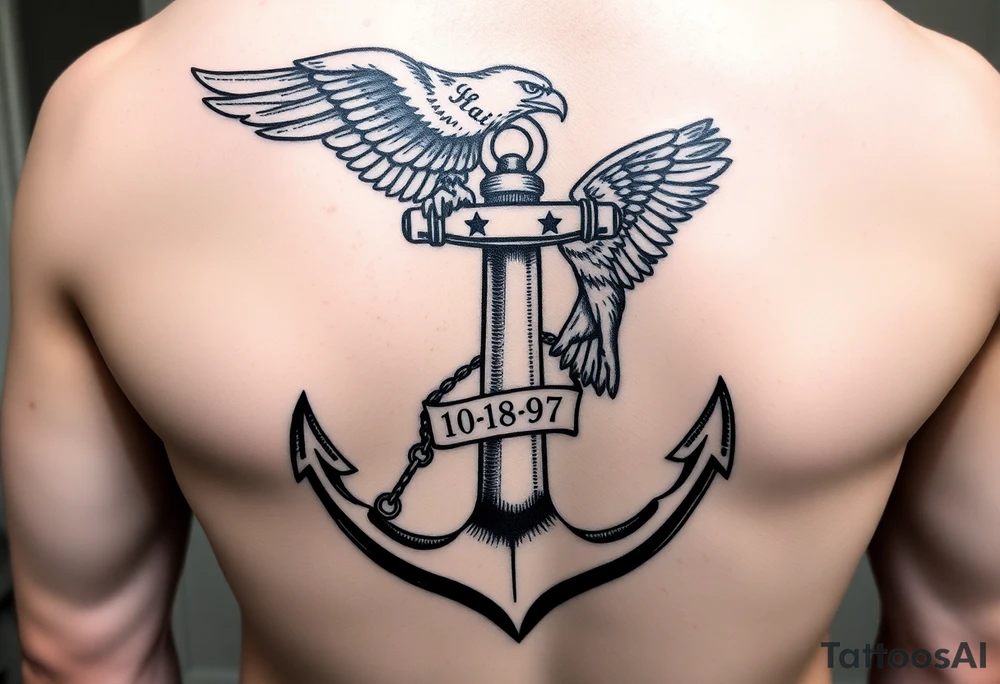 Half sleeve tattoo from shoulder to elbow consisting of American eagle on top with large naval anchor below with our lady of Guadalupe on one side of the anchor and Bigfoot on the other. I wanted the date 10-18-97 on the cross bar of the anchor tattoo idea