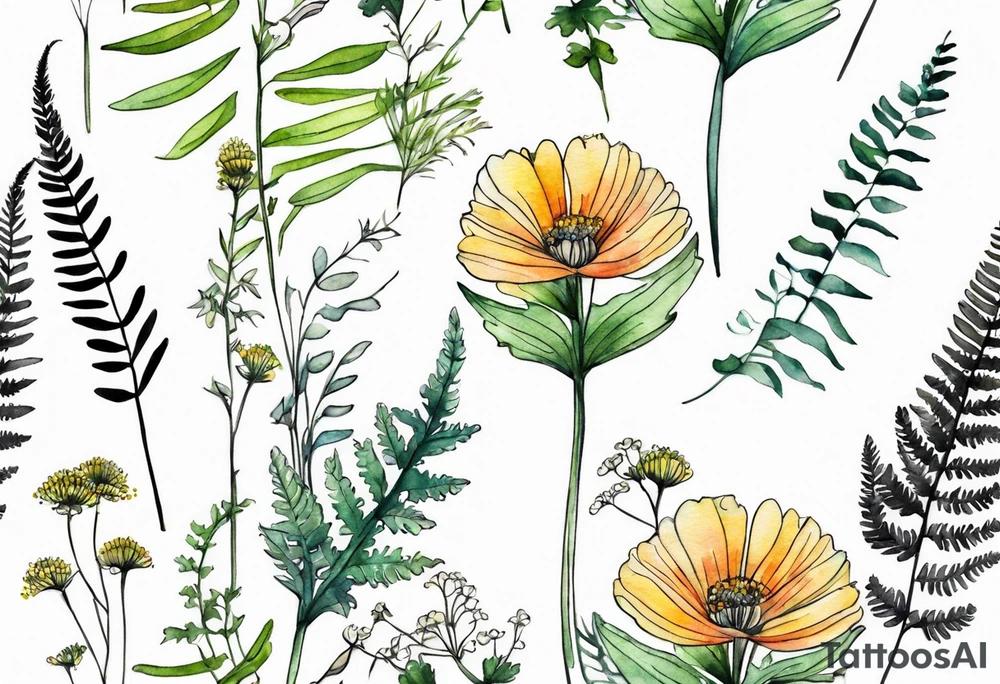 wild flowers long stems bouquet with ferns all watercolor tattoo idea