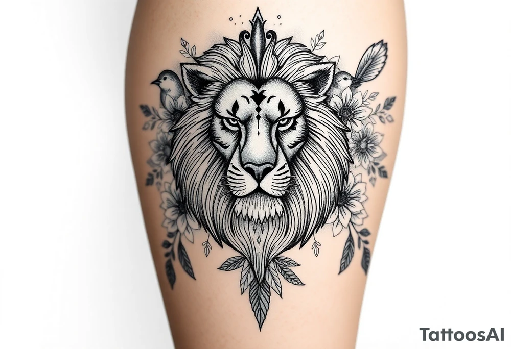 powerful majestic lion with a crown, surrounded by floral ornaments and birds tattoo idea