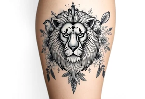 powerful majestic lion with a crown, surrounded by floral ornaments and birds tattoo idea