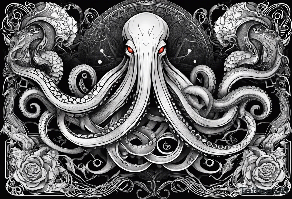 Long tattoo for forearm. Lovecraftian creature, with technological elements. Tentacles protect a symbol of love. tattoo idea