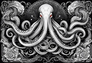Long tattoo for forearm. Lovecraftian creature, with technological elements. Tentacles protect a symbol of love. tattoo idea