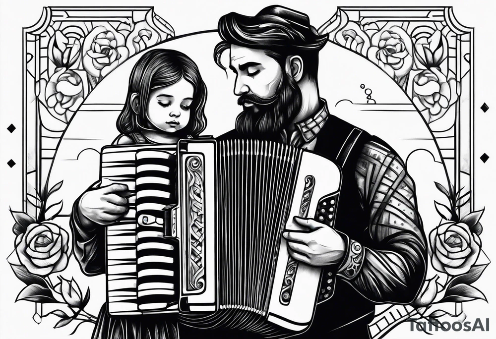 sad man with accordion and his young child girl tattoo idea