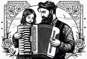 sad man with accordion and his young child girl tattoo idea