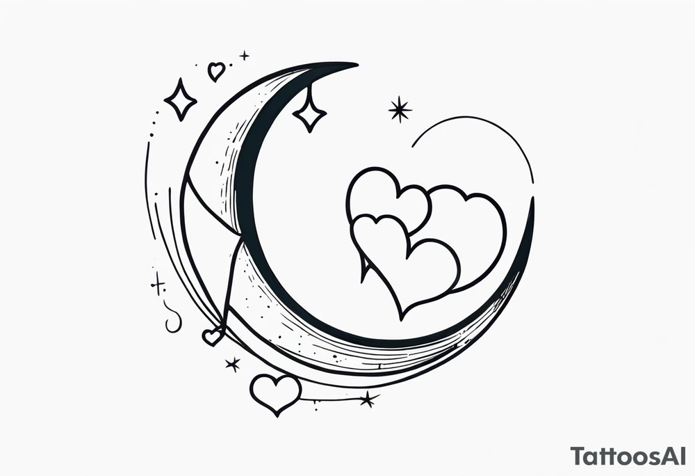 Crescent moon with a love heart inside it and 4 hearts dangling from it tattoo idea