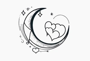 Crescent moon with a love heart inside it and 4 hearts dangling from it tattoo idea